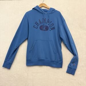 Champion Vintage Wash Varsity Men's Hoodie Script Logo Blue Size S